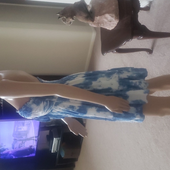 Boho s tiedye flowy ruffle bottom strapless mini dress smock back bow tie front - Picture 3 of 11